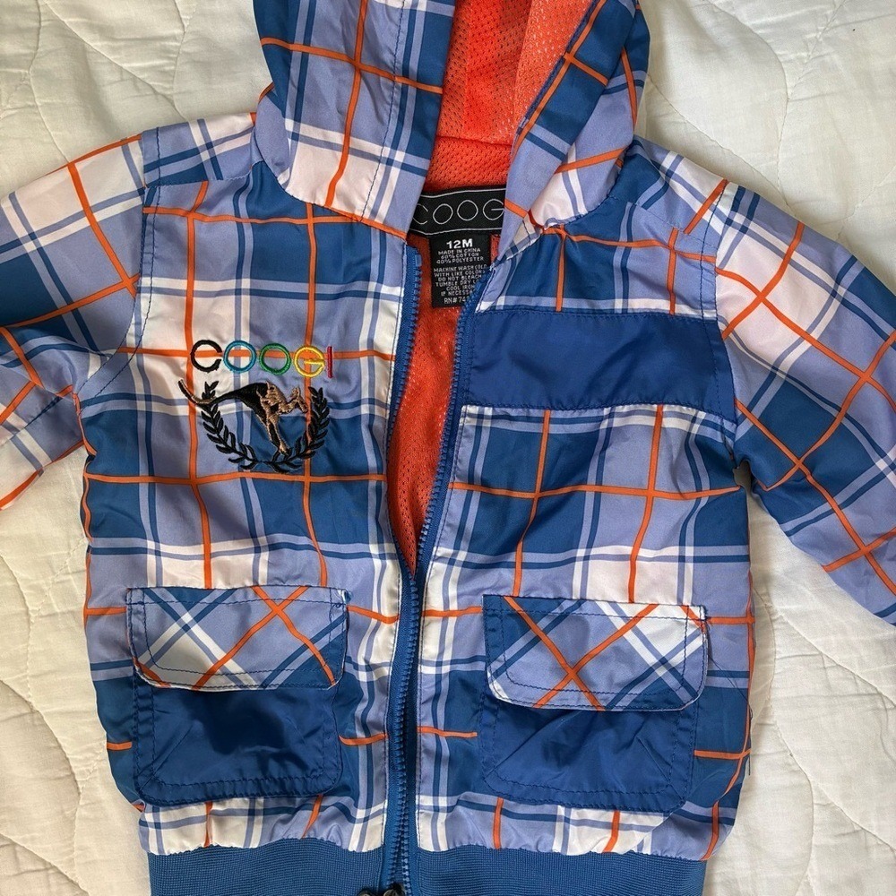 Coogi Windbreaker Jacket Kids 12M Toddler Blue Plaid Hood Zip Retro Lightweight